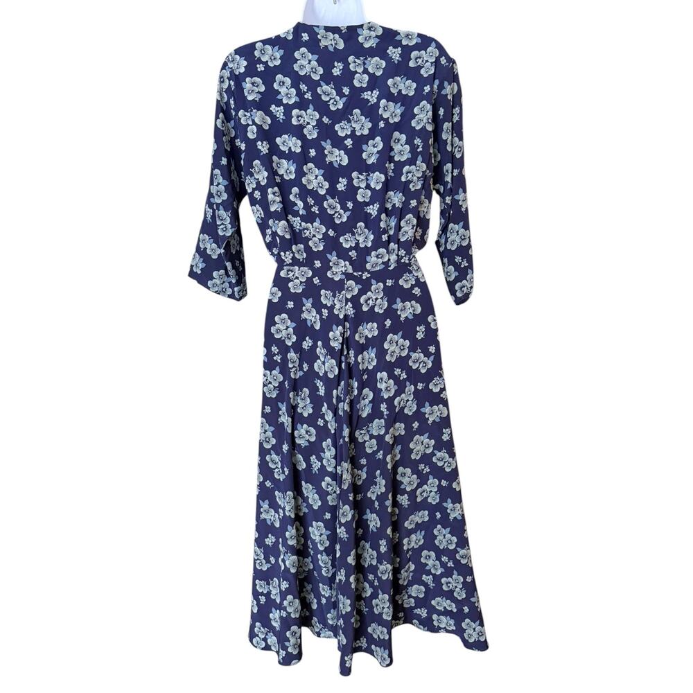 Ralph Lauren Y2K Silk Floral Midi Dress Women’s 4 Navy Button Front 3/4 Sleeve - Picture 2 of 9